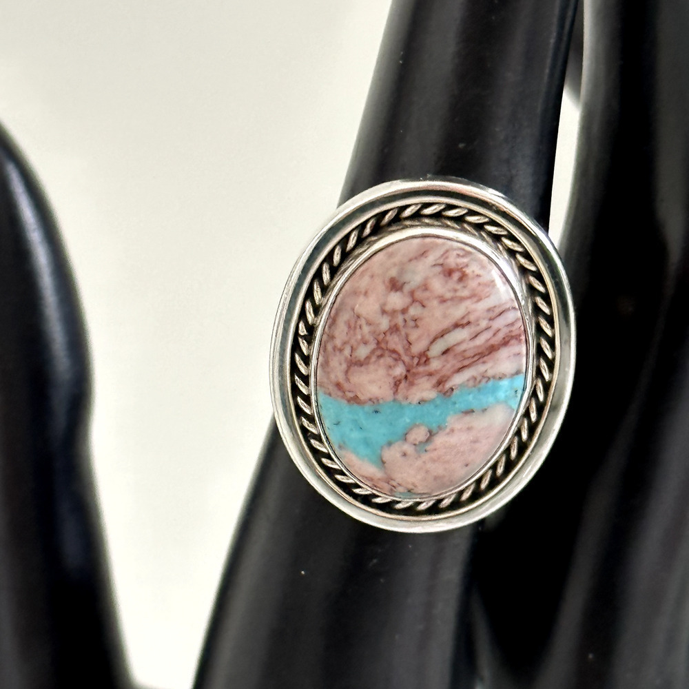 Vintage 925 Sterling Silver Running Bear Large Pink Blue Turquoise Ring Size 7 - Picture 14 of 14